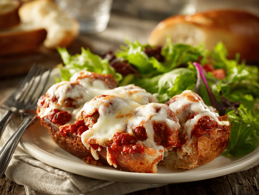 Meatball Sub Bake: Cozy, Cheesy, No-Fuss Dinner Win 3 Served Meatball Sub Bake with salad
