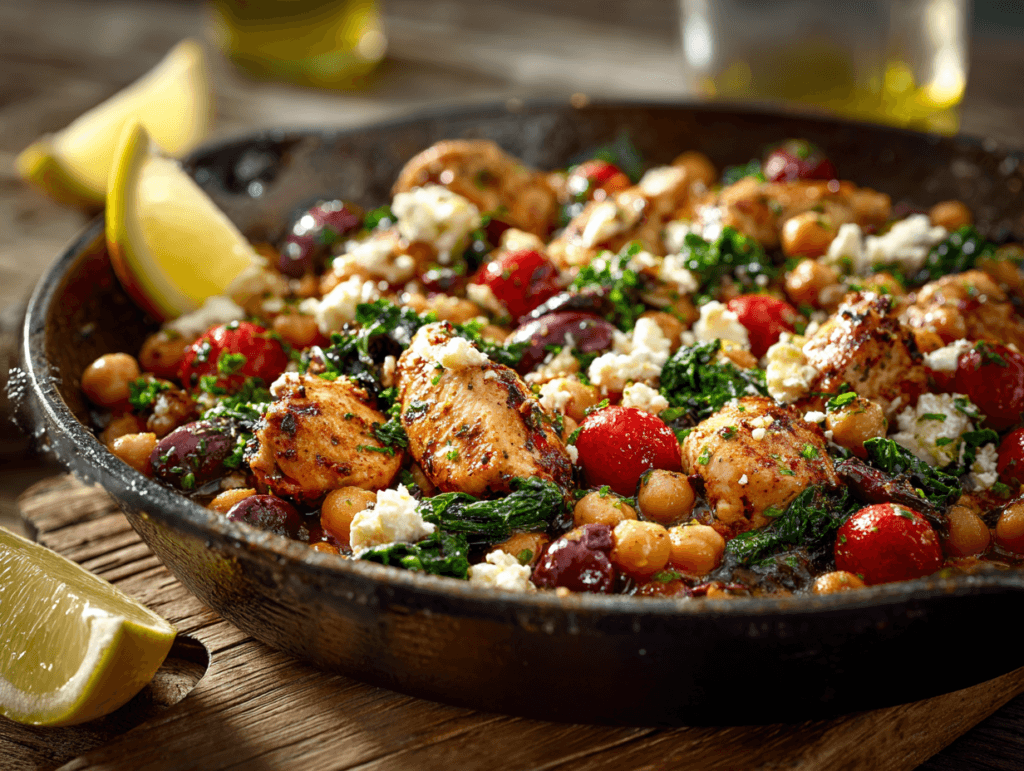 Mediterranean Chickpea Chicken Skillet in a cast-iron pan