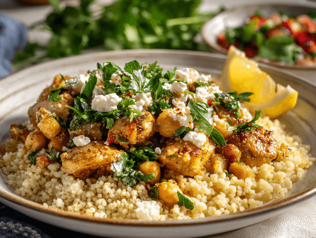 Mediterranean Chickpea Chicken Skillet: Easy, Bright, and Satisfying One-Pan Dinner 3 Mediterranean Chickpea Chicken Skillet served over couscous