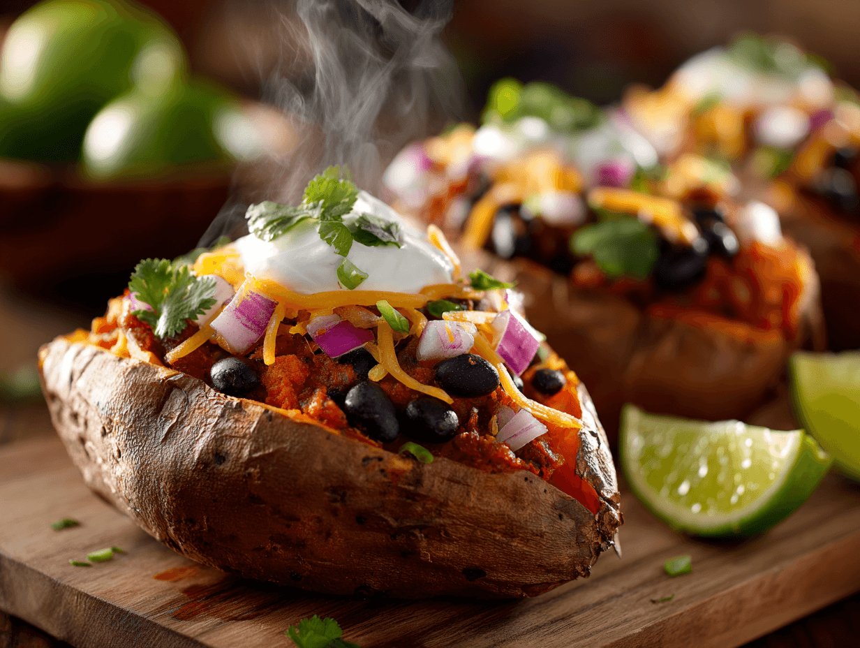 Microwave baked sweet potatoes and chili bowl