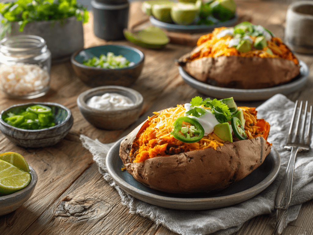 Serving microwave baked sweet potatoes and chili bowls
