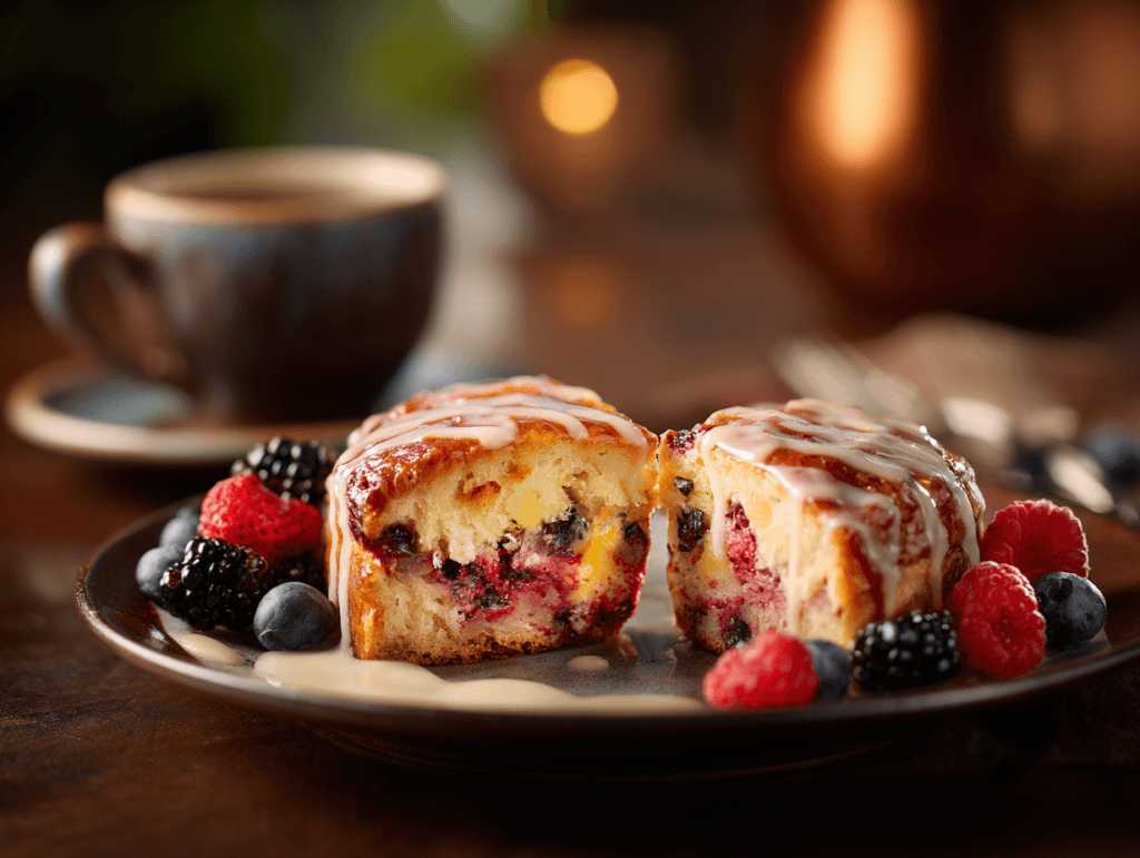 Sliced Min King Cake served with coffee