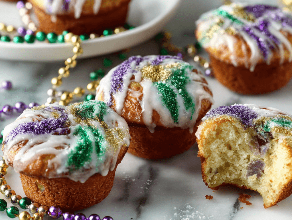 mini king cake muffins with glaze and Mardi Gras sugar