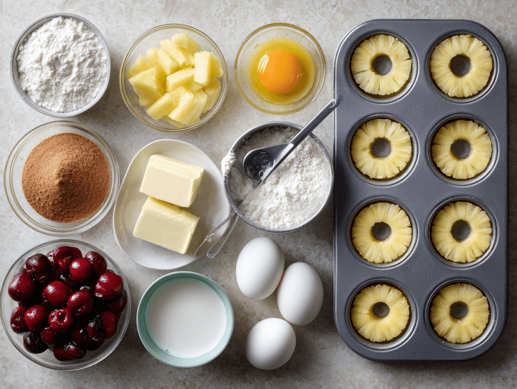 Mini Pineapple Upside Down Cakes That Always Come Out Golden 2 Ingredients for mini pineapple upside down cakes on a countertop
