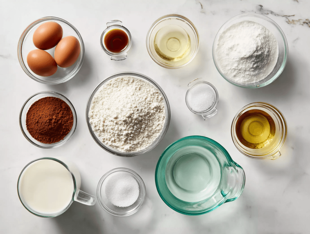 One-Bowl Chocolate Cake That Feels Like a Win 2 One-Bowl Chocolate Cake ingredients measured and ready to mix