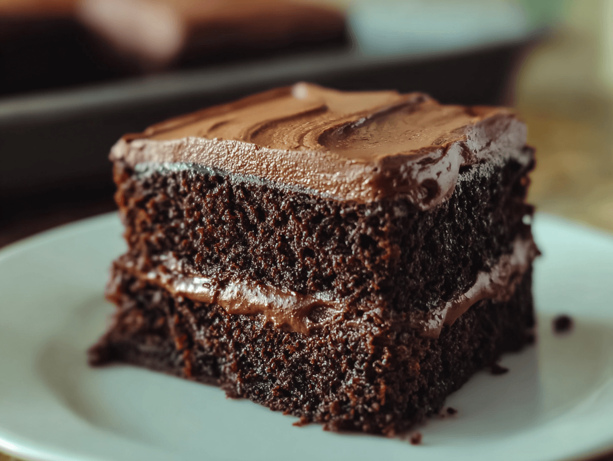 One-Bowl Chocolate Cake That Feels Like a Win 4 One-Bowl Chocolate Cake square slice with chocolate frosting and filling