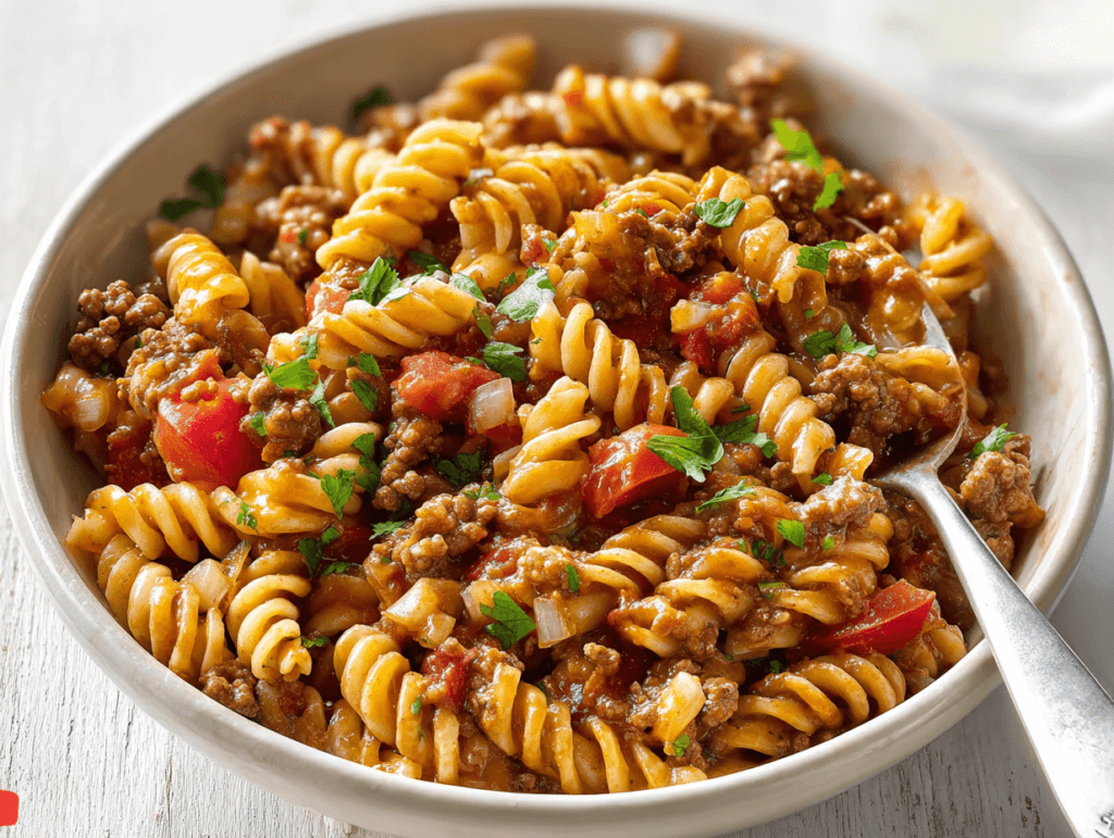 One-Pot Taco Pasta with rotini, taco-seasoned beef, and tomatoes