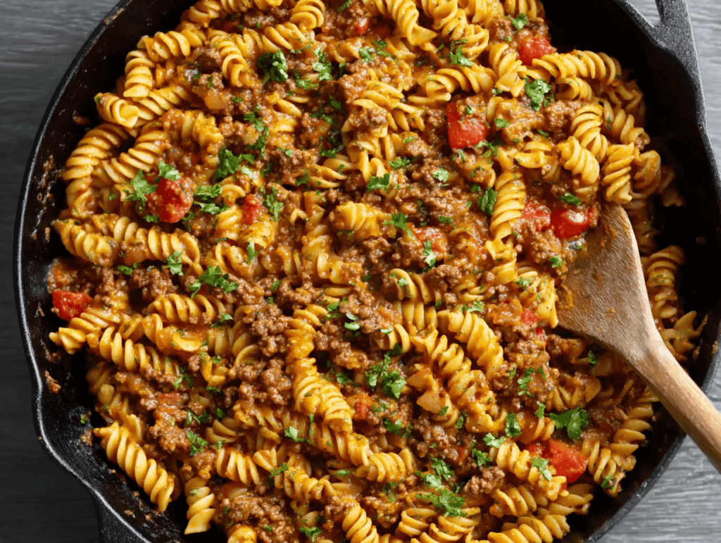 One-Pot Taco Pasta in a cast-iron skillet with rotini and taco-seasoned beef