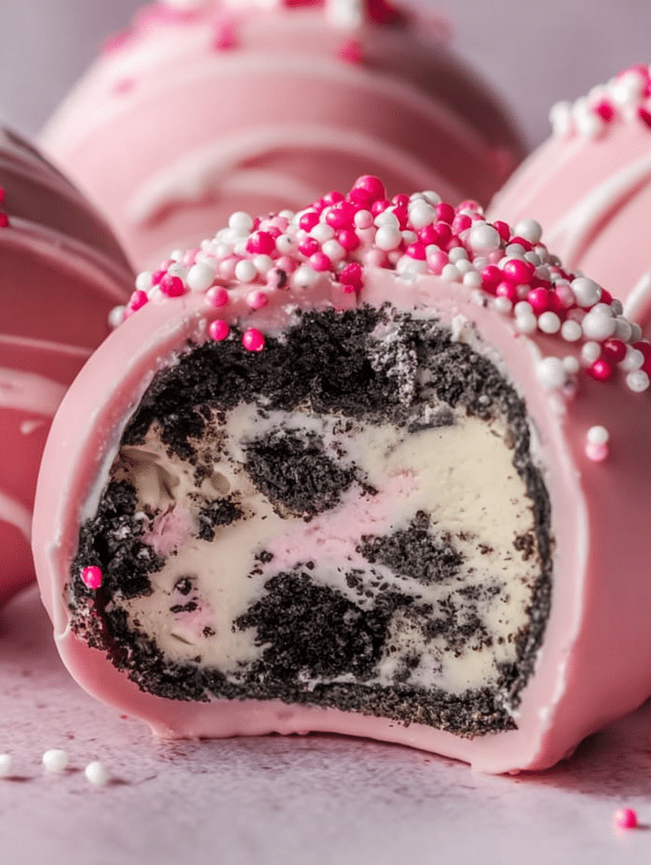 Close-up of Oreo truffle ball with pink candy coating and creamy Oreo filling
