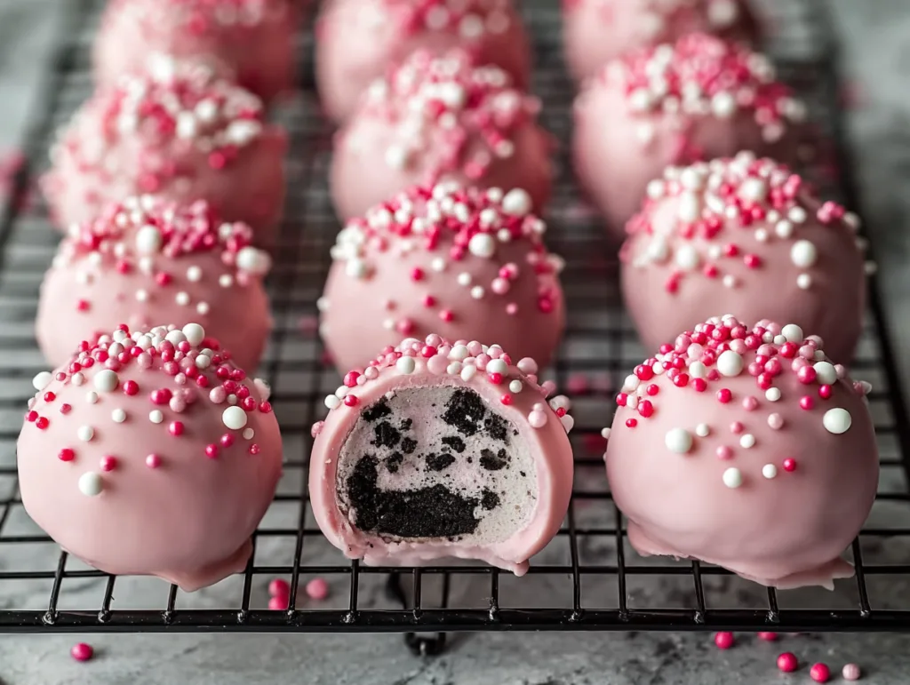 Oreo truffle balls with pink candy coating topped with sprinkles and creamy Oreo filling
