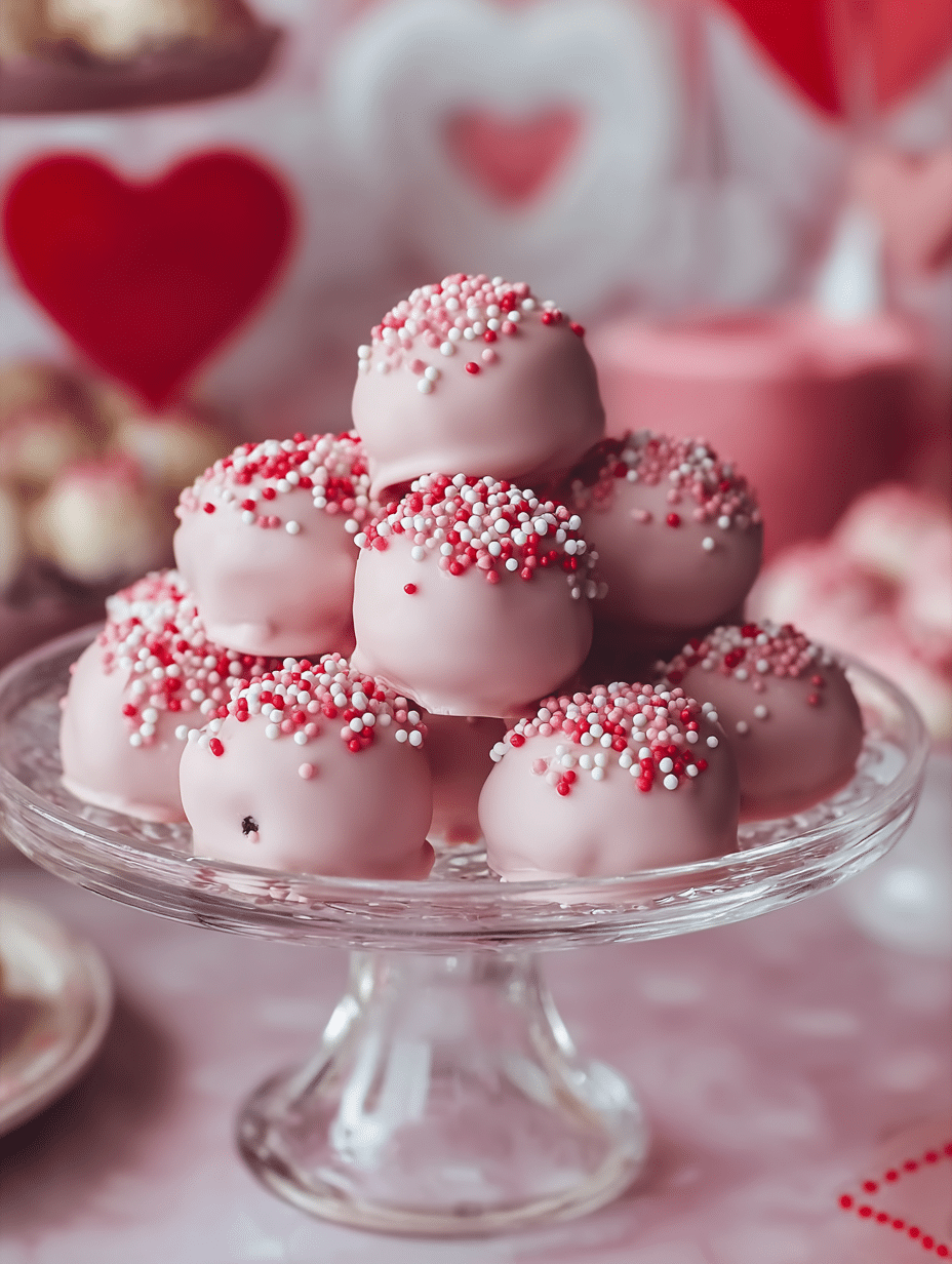 Oreo truffle balls with pink candy coating served on a glass dessert stand