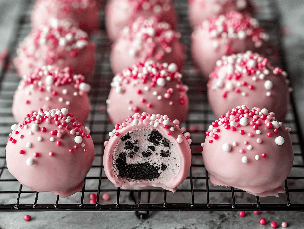 Oreo truffle balls with pink candy coating topped with sprinkles and creamy Oreo filling