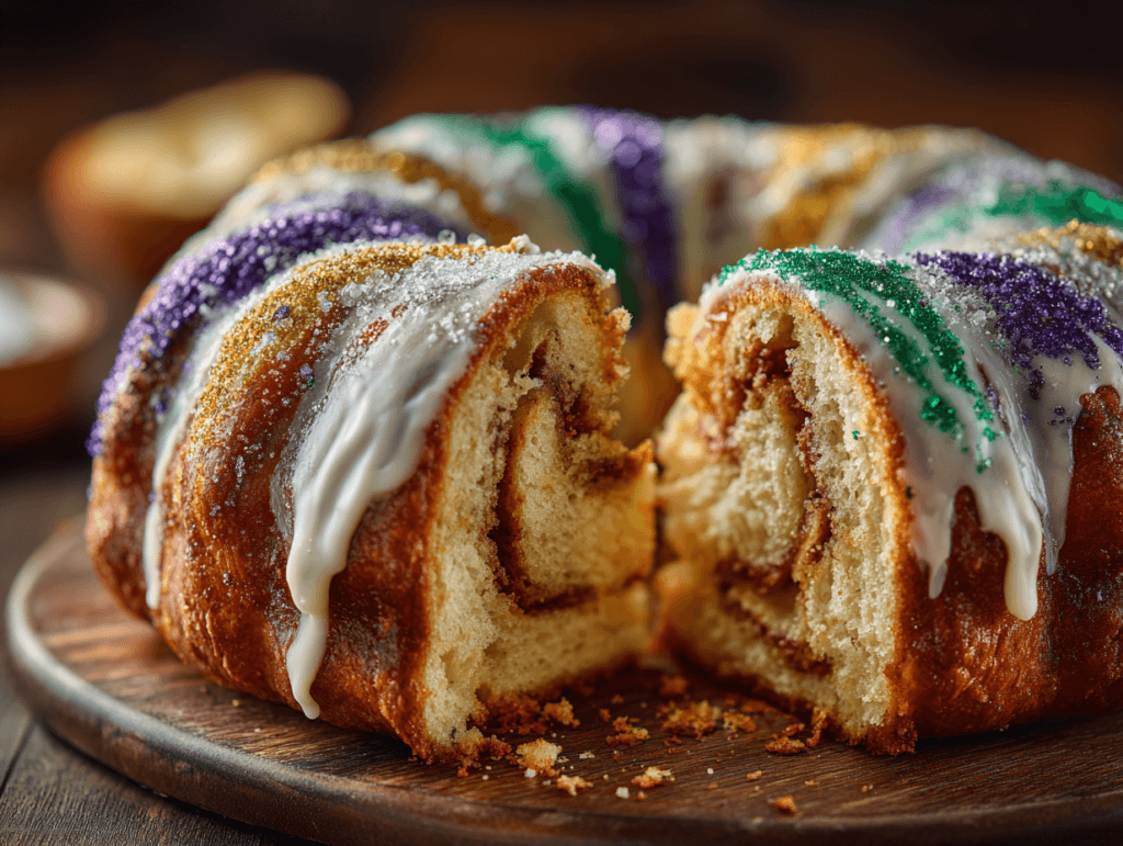 Orleans King Cake with glaze and Mardi Gras sanding sugar