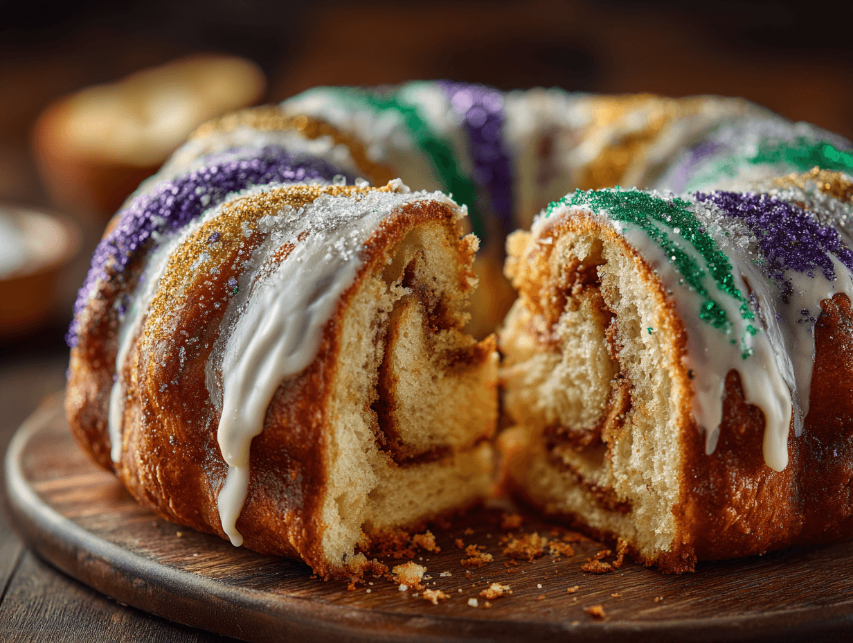 Orleans King Cake Recipe for a Festive, Soft, Sweet Win 4 Orleans King Cake with glaze and Mardi Gras sanding sugar