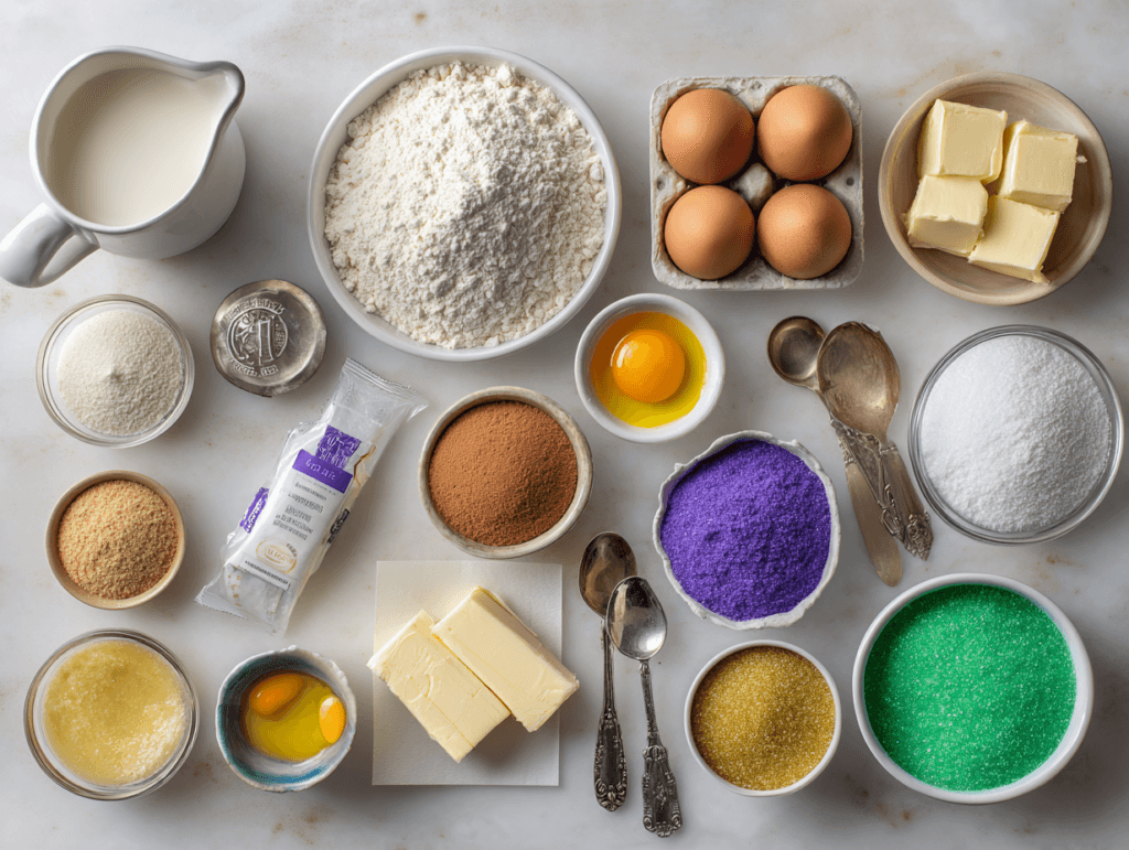 Orleans King Cake Recipe for a Festive, Soft, Sweet Win 2 Ingredients for Orleans King Cake dough, filling, and glaze