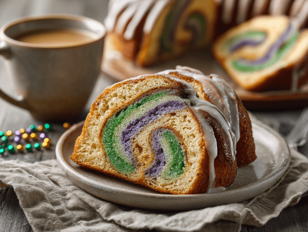 Orleans King Cake Recipe for a Festive, Soft, Sweet Win 3 Slice of Orleans King Cake served with coffee