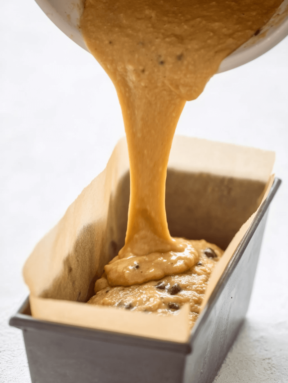 pouring chocolate chip banana bread batter into loaf pan