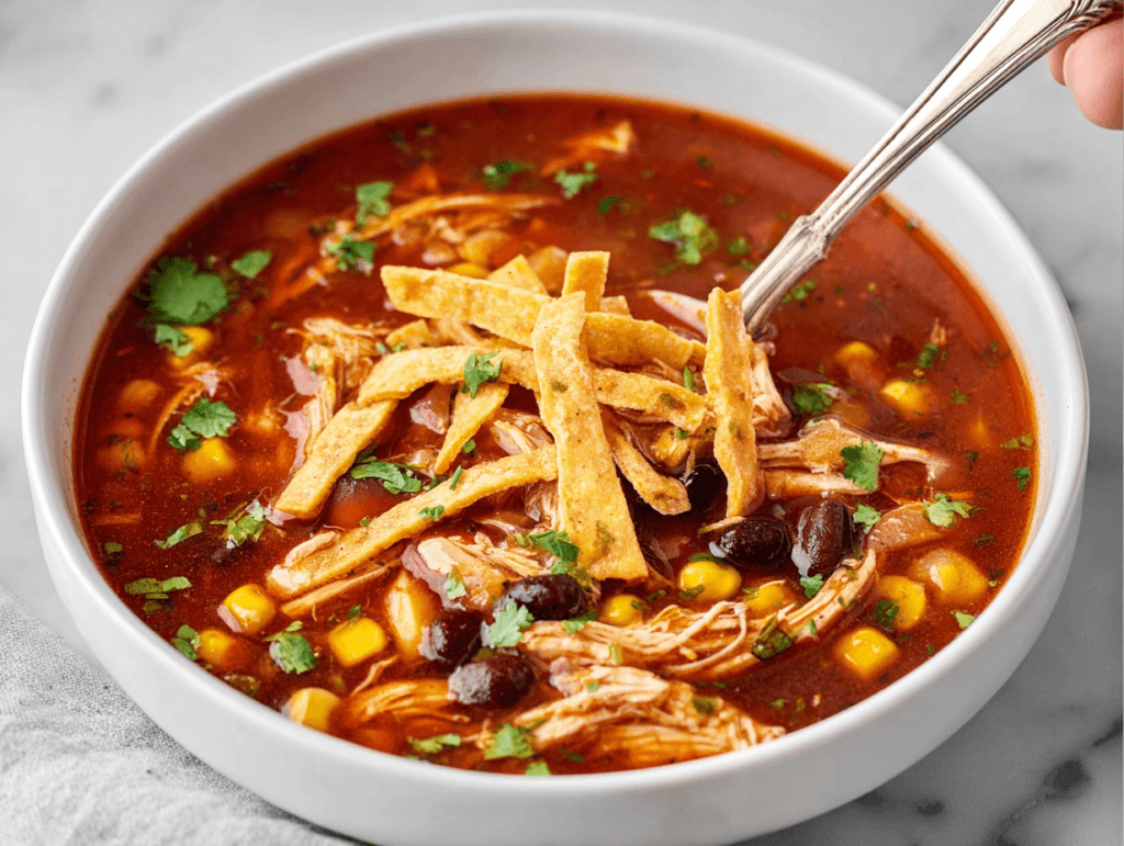 Rotisserie chicken tortilla soup topped with crispy tortilla strips, black beans, corn, and cilantro