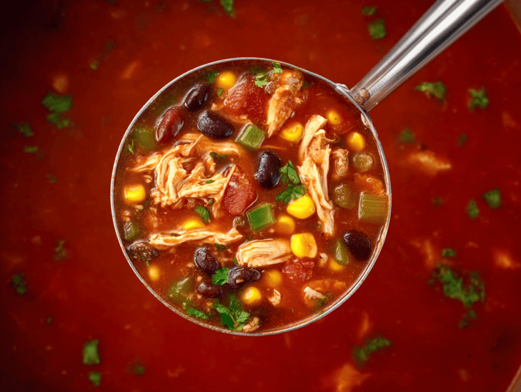 Rotisserie chicken tortilla soup in a ladle with shredded chicken, black beans, corn, and cilantro