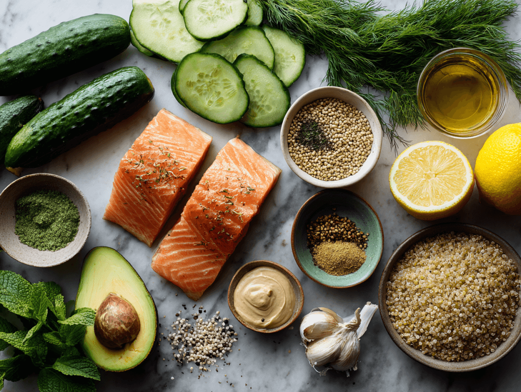 Salmon Power Bowls with Cucumber Salad: Simple, Fresh, and Filling 2 Ingredients for Salmon Power Bowls with Cucumber Salad laid out overhead