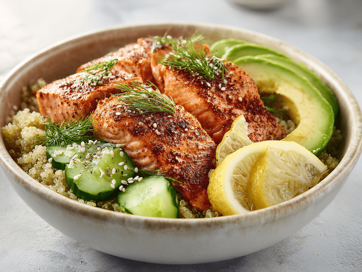 Salmon Power Bowls with Cucumber Salad: Simple, Fresh, and Filling 4 Salmon Power Bowls with Cucumber Salad in a bright healthy bowl