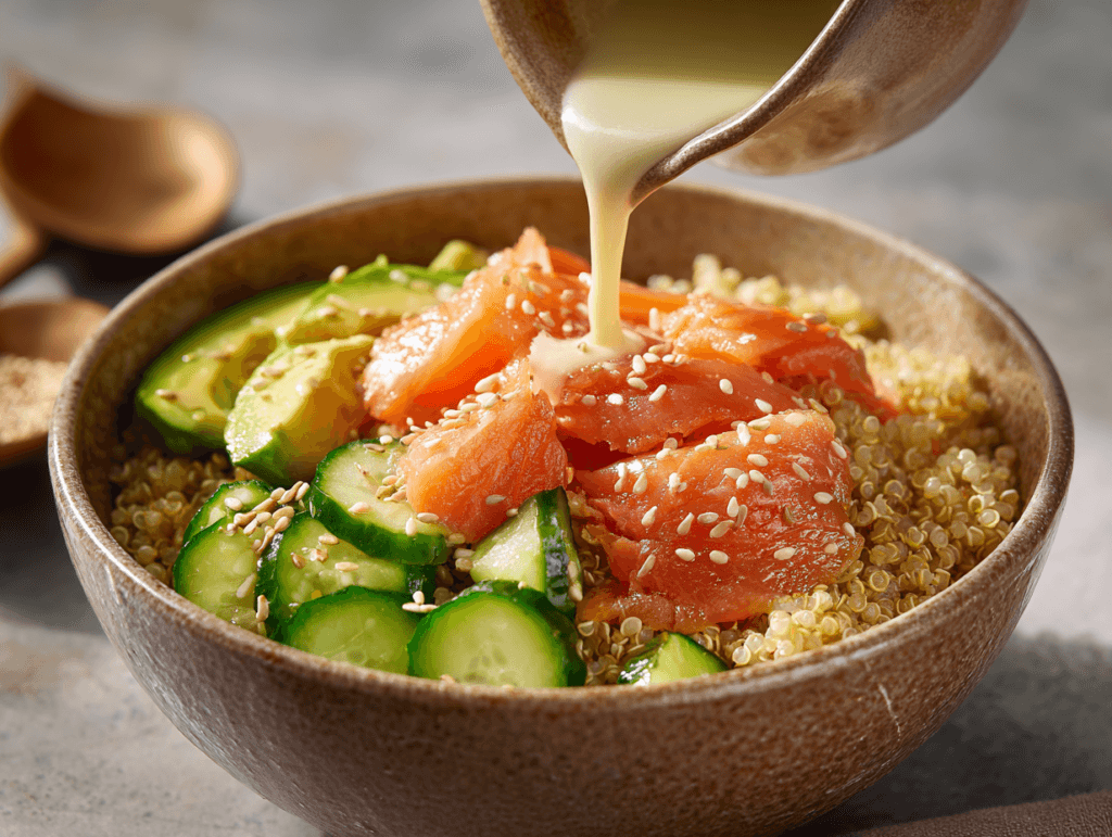 Salmon Power Bowls with Cucumber Salad: Simple, Fresh, and Filling 3 Serving Salmon Power Bowls with Cucumber Salad with sauce drizzle