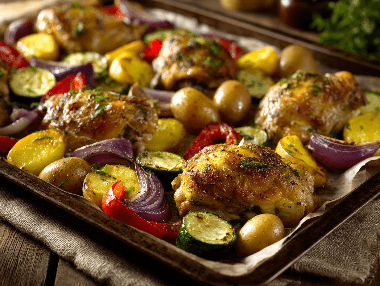 Sheet Pan Lemon Herb Chicken and Veggies on a roasting tray