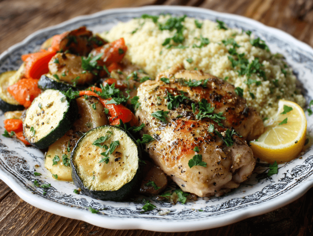 Serving Sheet Pan Lemon Herb Chicken and Veggies with couscous