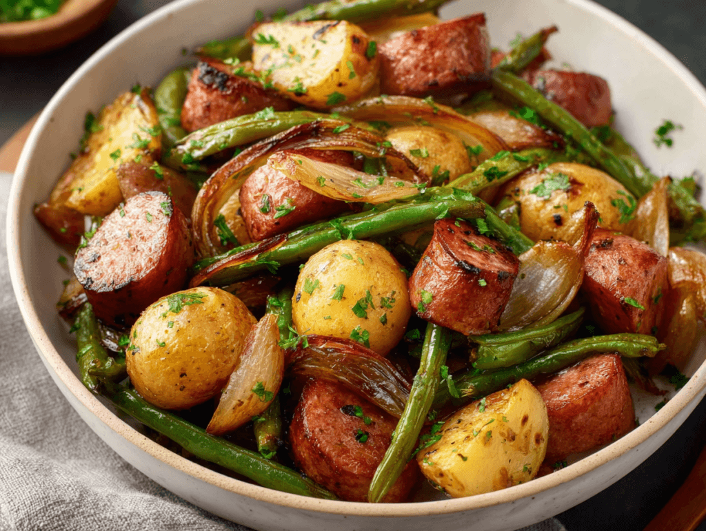 Sheet Pan Sausage, Potatoes & Green Beans in a serving bowl