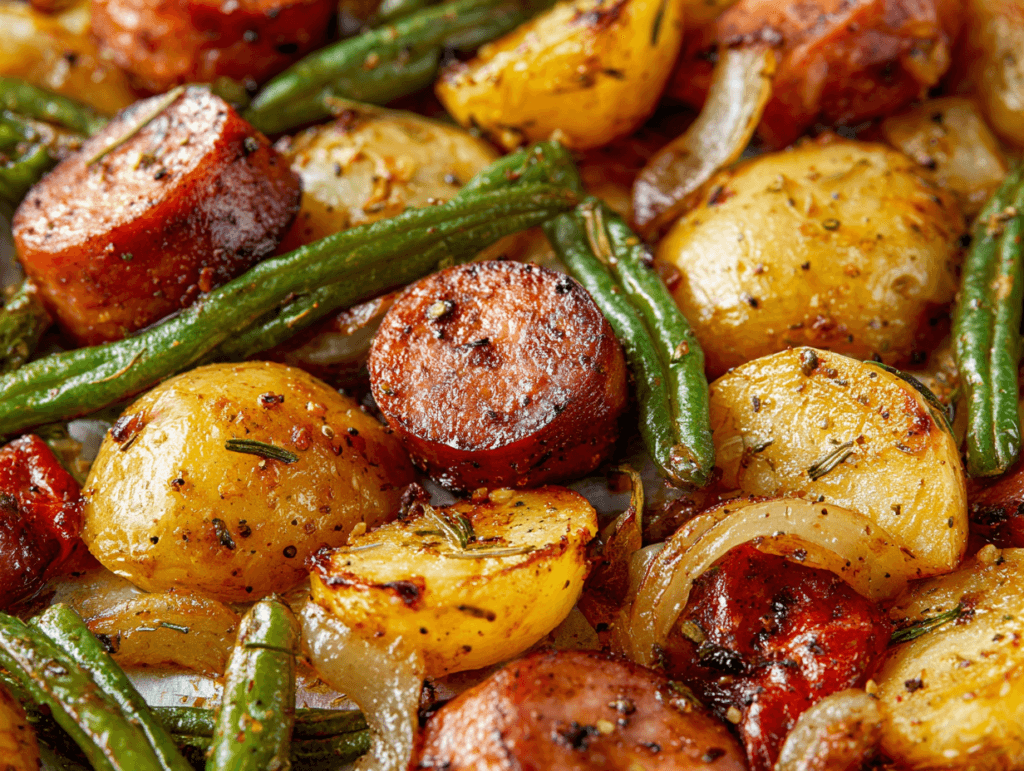 Sheet Pan Sausage, Potatoes & Green Beans close-up on a baking sheet
