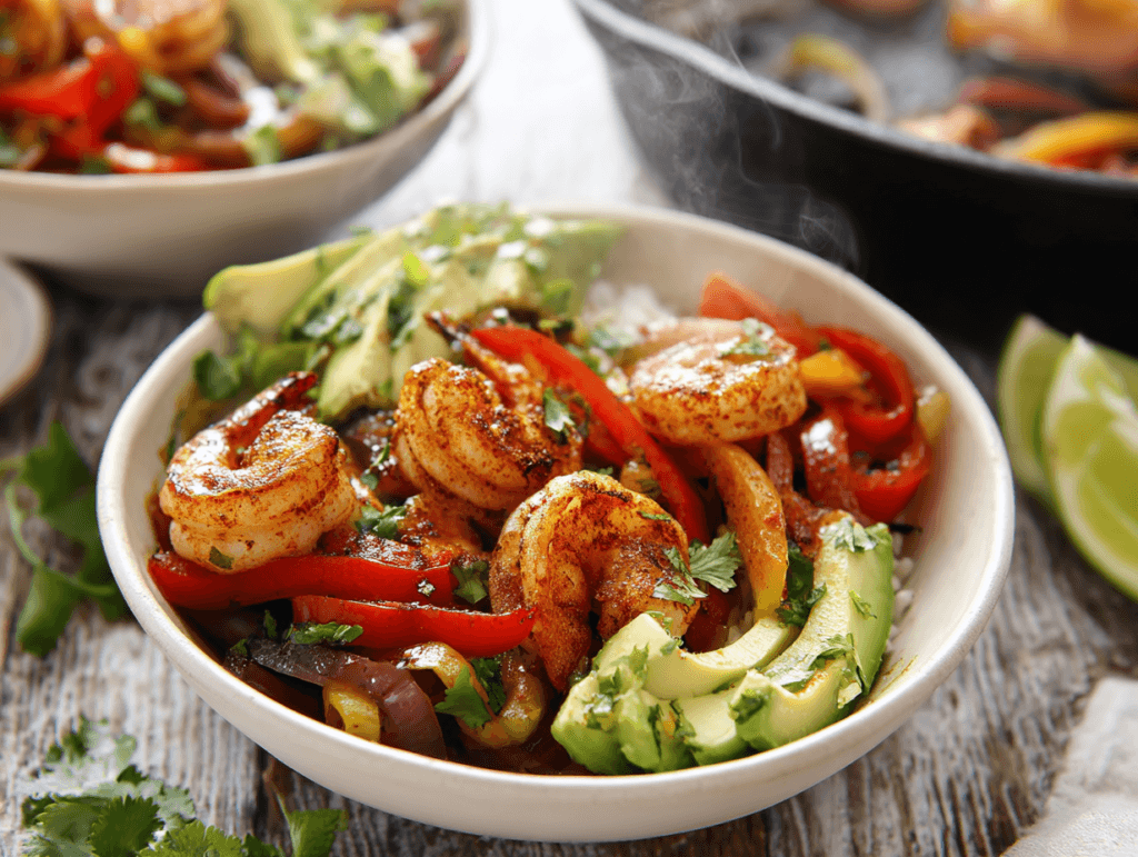 Shrimp Fajita Bowls with cast iron fajita shrimp and peppers