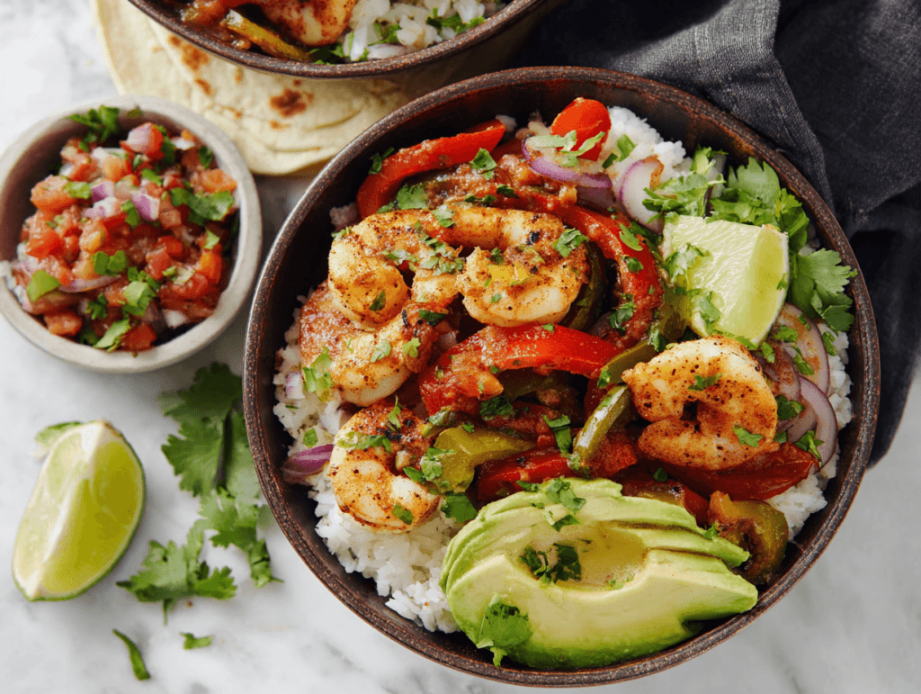 Shrimp Fajita Bowls served with tortillas for fajitas