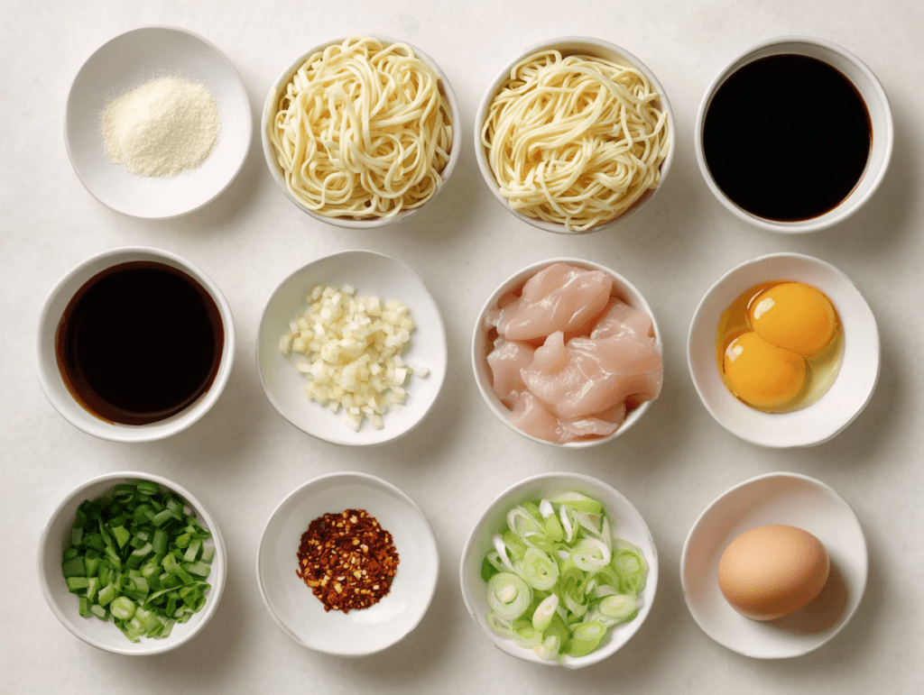 Ingredients for sticky garlic chicken noodles recipe arranged in bowls