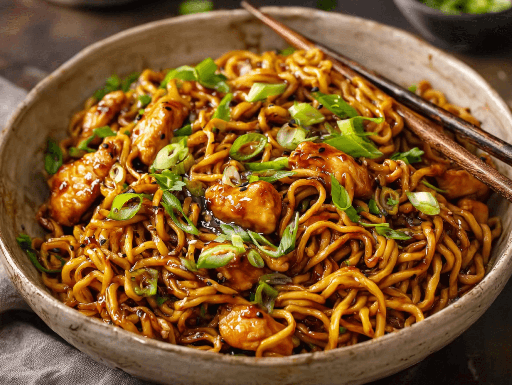 Sticky garlic chicken noodles recipe with tender chicken and glossy sauce