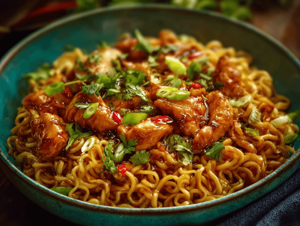 Sticky garlic chicken noodles with tender chicken and saucy noodles