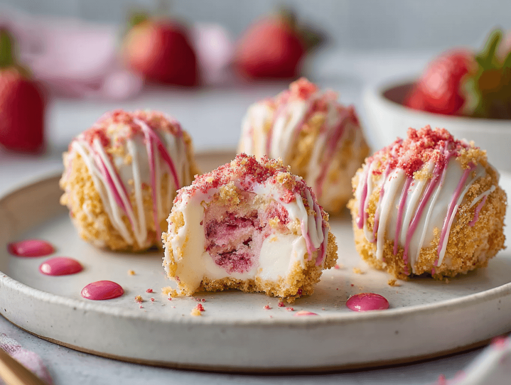 Strawberry Crunch Cheesecake Bites with creamy center and strawberry crunch coating