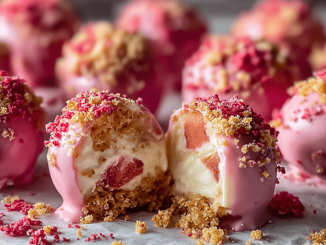 Strawberry Crunch Cheesecake Bites split open showing creamy cheesecake center and strawberry crunch coating