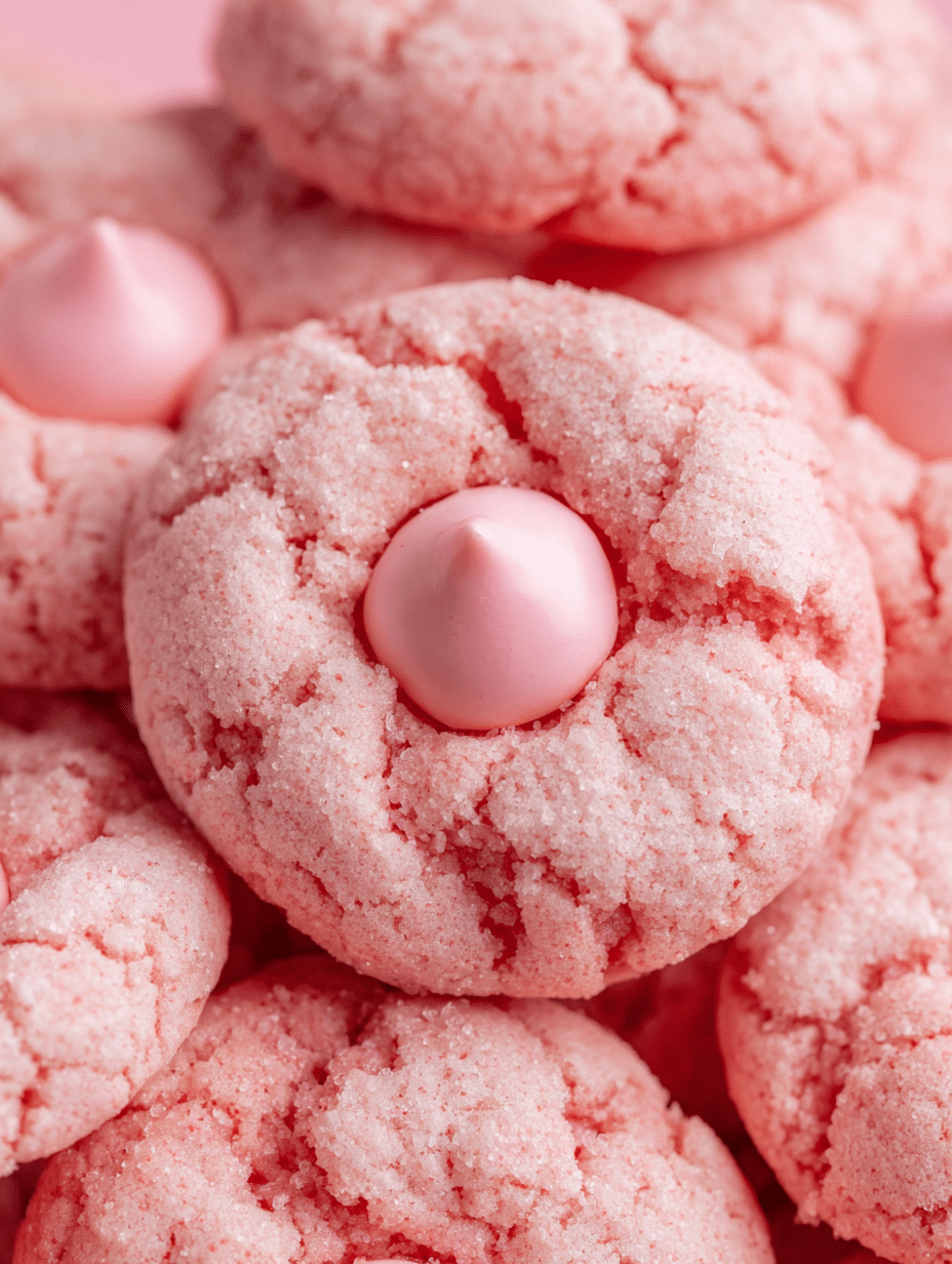 Close-up of soft strawberry kiss cookies with pink strawberry chocolate kisses