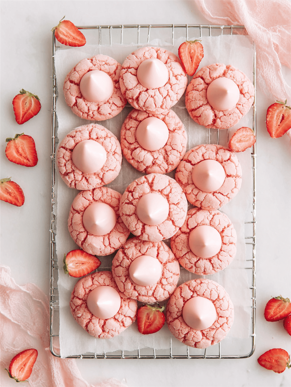 Overhead view of strawberry kiss cookies on a cooling rack with strawberry chocolate kisses