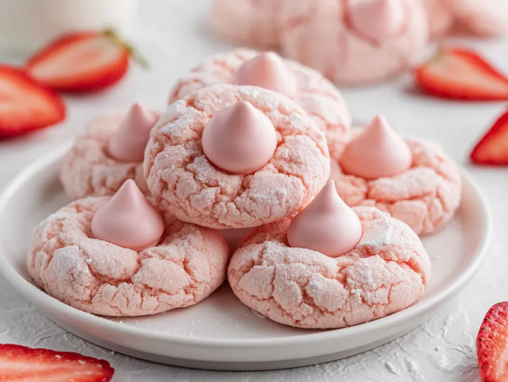 Strawberry Kiss Cookies topped with pink strawberry chocolate kisses on a white plate