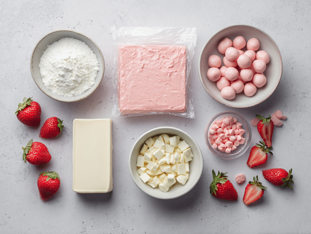 Ingredients for strawberry no-bake cake balls including cake mix, cream cheese, and candy melts
