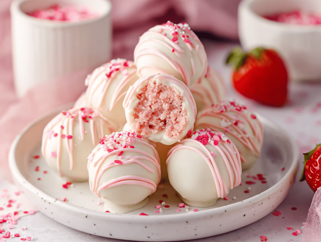Strawberry no-bake cake balls coated in white chocolate on a serving plate