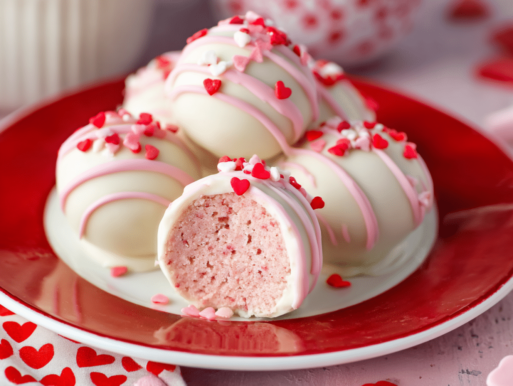 Strawberry no-bake cake balls coated in white chocolate with pink drizzle and heart sprinkles