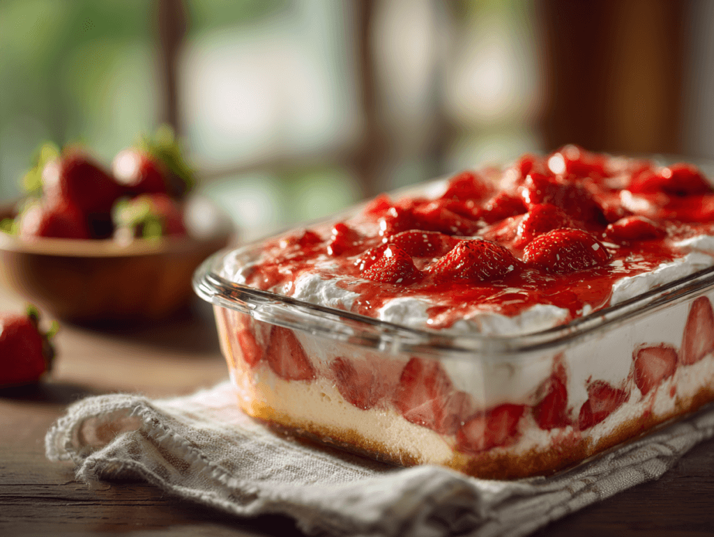 Strawberry tres leches sheet cake in a 9x13 pan with whipped cream and strawberries