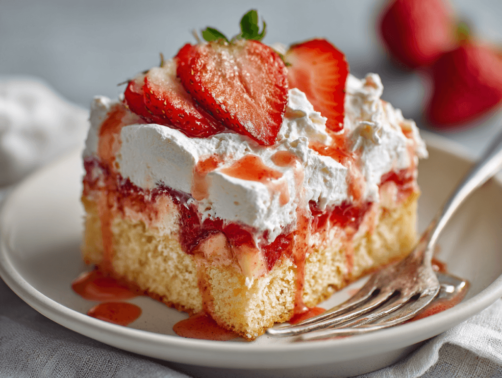 Strawberry Tres Leches Sheet Cake with a Bright, Creamy Finish 3 Served slice of strawberry tres leches sheet cake on a plate