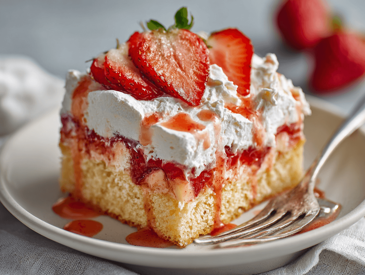 Strawberry Tres Leches Sheet Cake with a Bright, Creamy Finish 4 Served slice of strawberry tres leches sheet cake on a plate