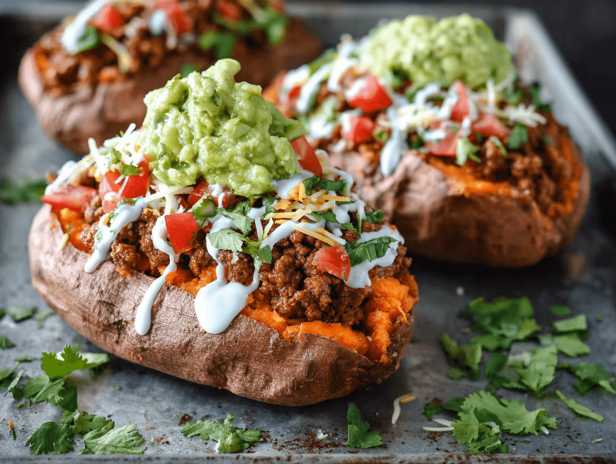 Taco Stuffed Sweet Potatoes for a Happy, Cozy Dinner Tonight 3 Taco Stuffed Sweet Potatoes topped with taco beef, guacamole, tomatoes, and cilantro