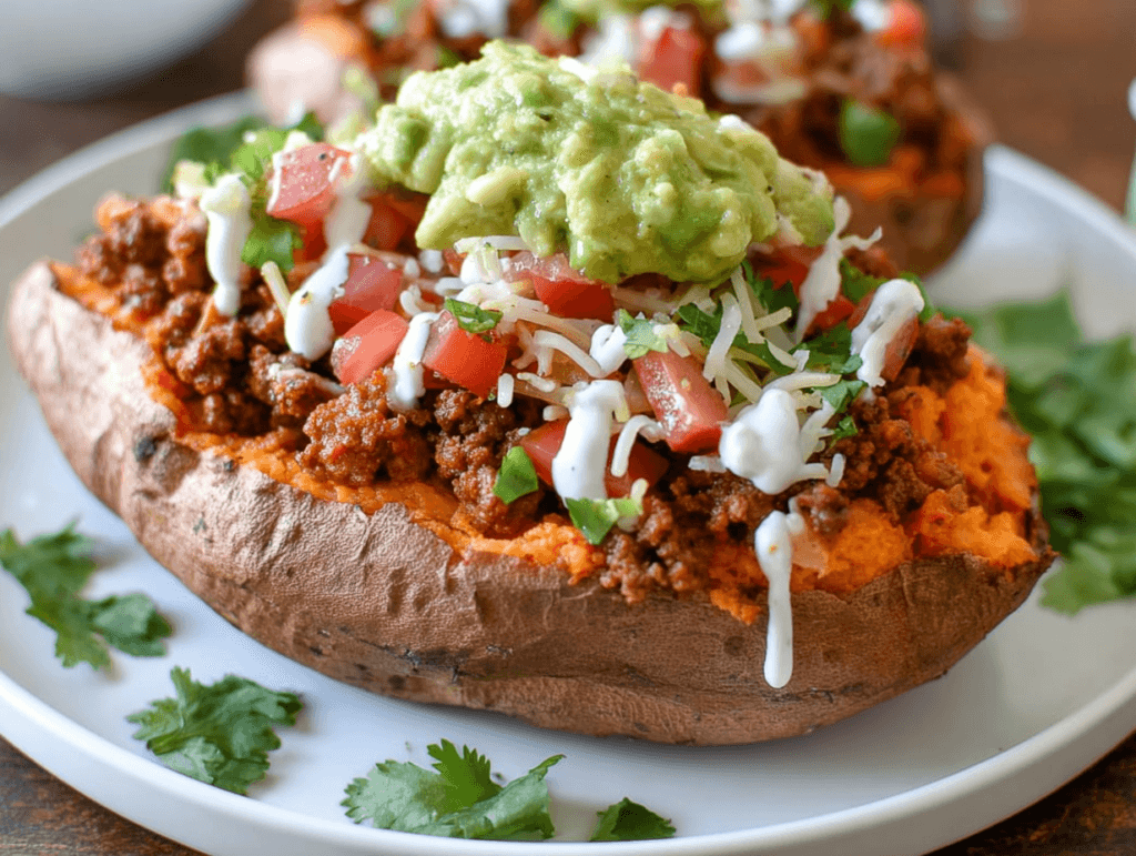 Taco Stuffed Sweet Potatoes for a Happy, Cozy Dinner Tonight 2 Taco Stuffed Sweet Potatoes on a white plate with taco beef, guacamole, and cilantro