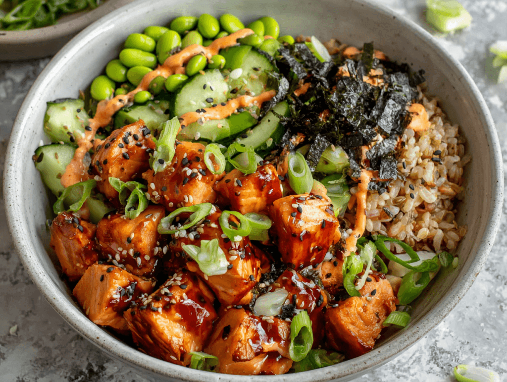 Teriyaki Salmon Rice Bowls with edamame, cucumber, nori, and sriracha mayo
