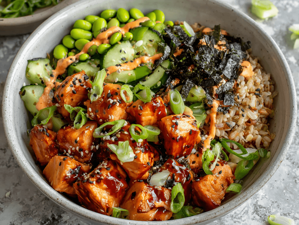 Teriyaki Salmon Rice Bowls with edamame, cucumber, nori, and sriracha mayo